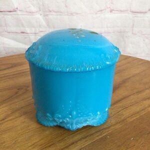Antique Blue Slag Milk Glass Covered Footed Round Trinket Dish